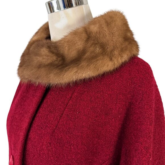 Shagmoor Red Wool Tweed Coat Beige Mink Collar May Co Size Medium Vintage 1960s - Picture 5 of 13